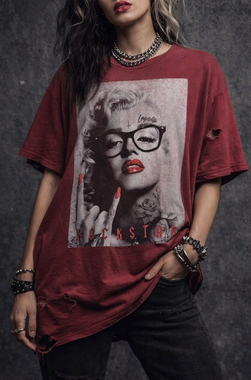 Y2K Rockstar XL Graphic Tee Red Edgy Tattoo Model Grunge Distressed Oversized