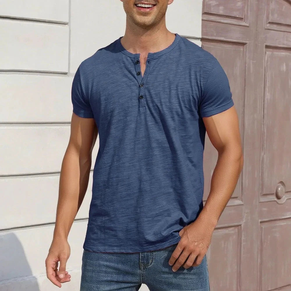 Men Cotton Henley Collar T-Shirt Regular Fit Short Sleeve Daily Wear Casual Tee