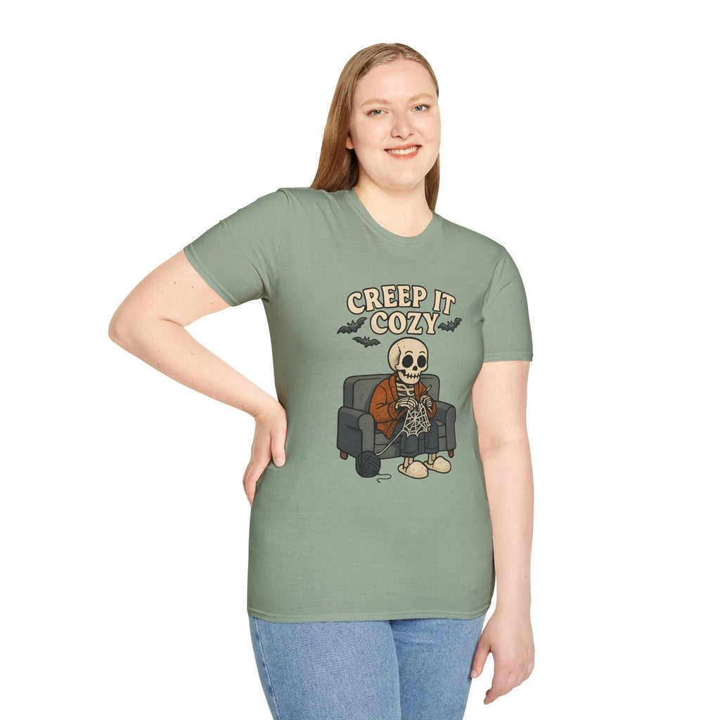 Unisex Softstyle T-Shirt Creep It Cozy Funny Skeleton Knitting Halloween Cobweb