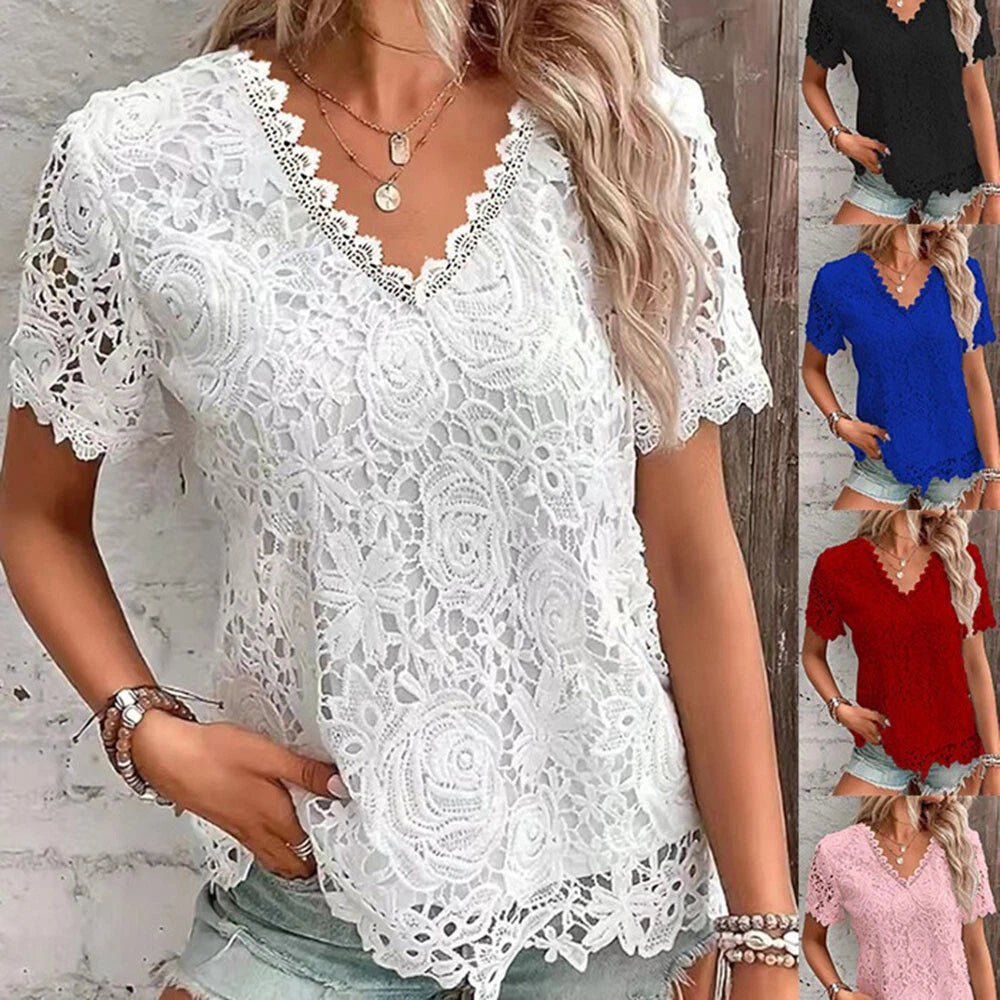 Womens V-Neck Lace T-Shirt Tops Ladies Short Sleeve Summer Casual Blouse Shirt