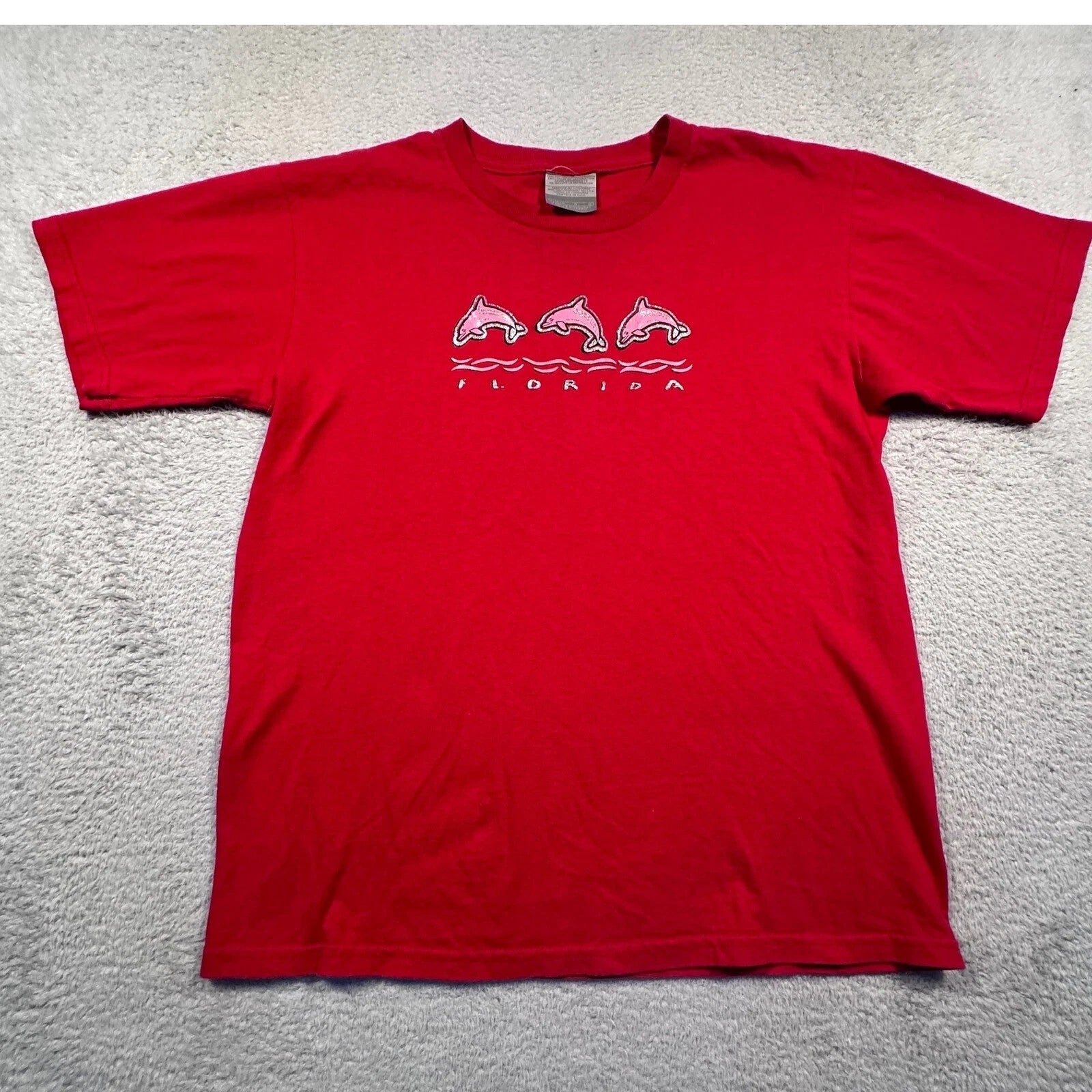 Vintage Y2K Florida Souvenir T-Shirt Dolphin Graphic Crew Neck Red Size L
