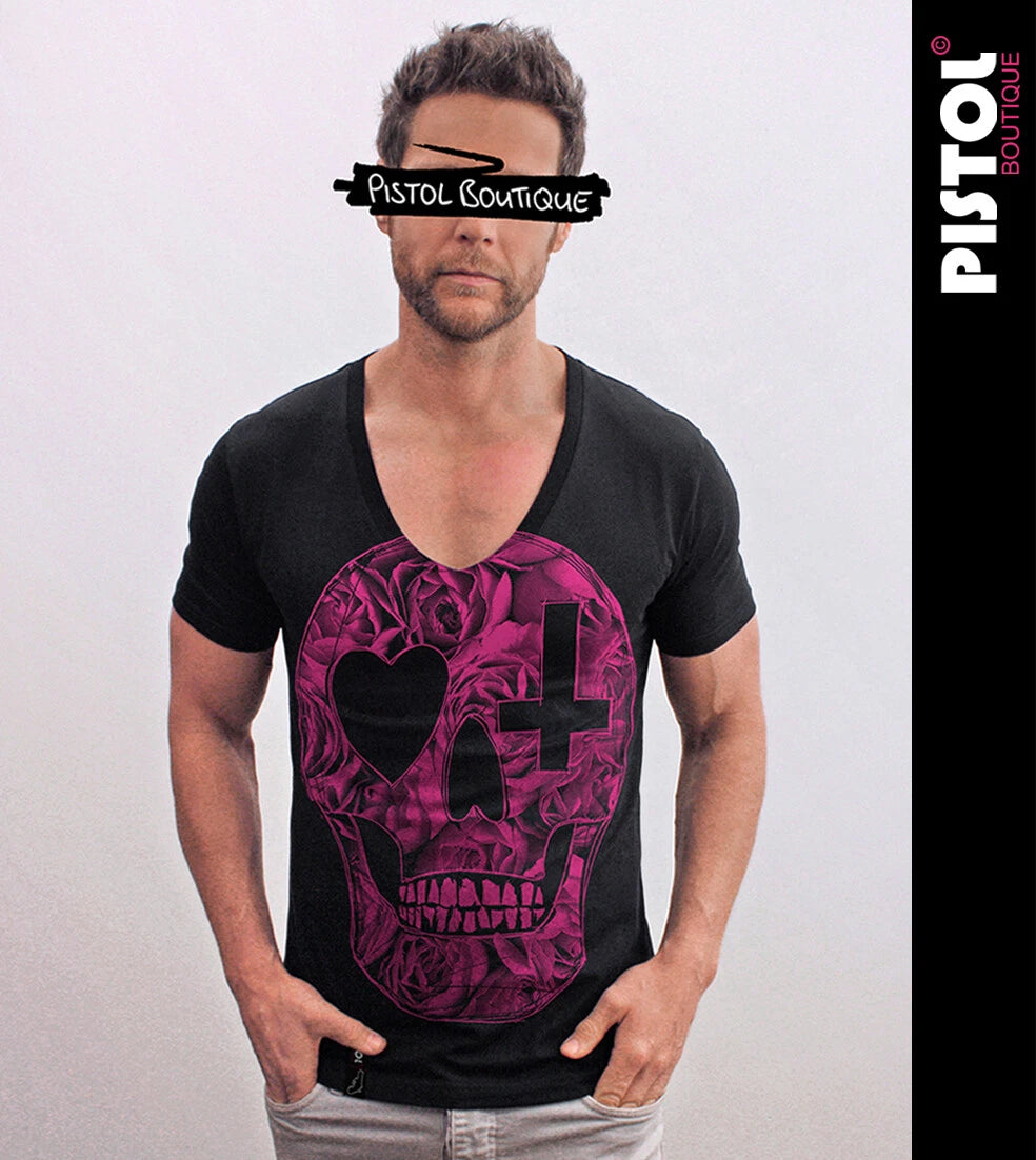 Pistol Boutique Men's Fitted Black Deep V neck SKETCH ROSES SKULL CROSS T-shirt