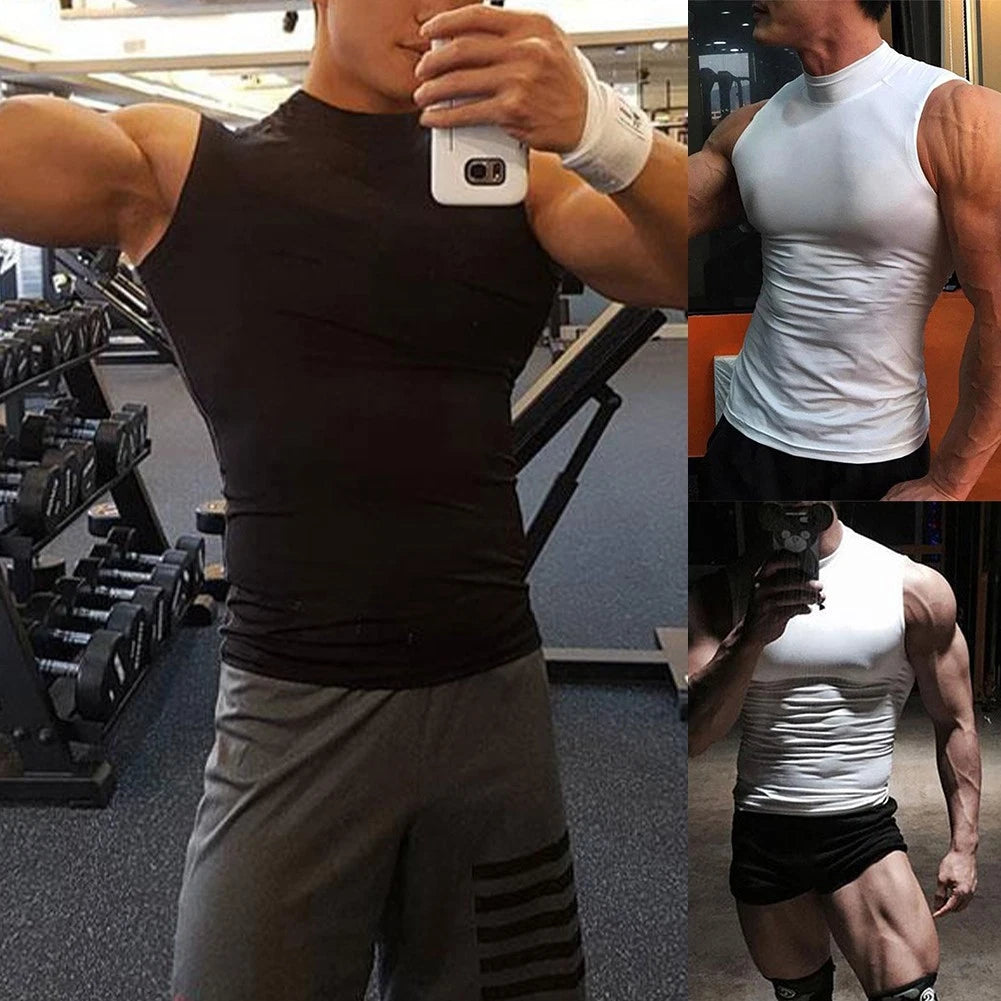 Turtleneck Sleeveless Fitness Top for Men High Elastic Tank Shirt Trendy Design