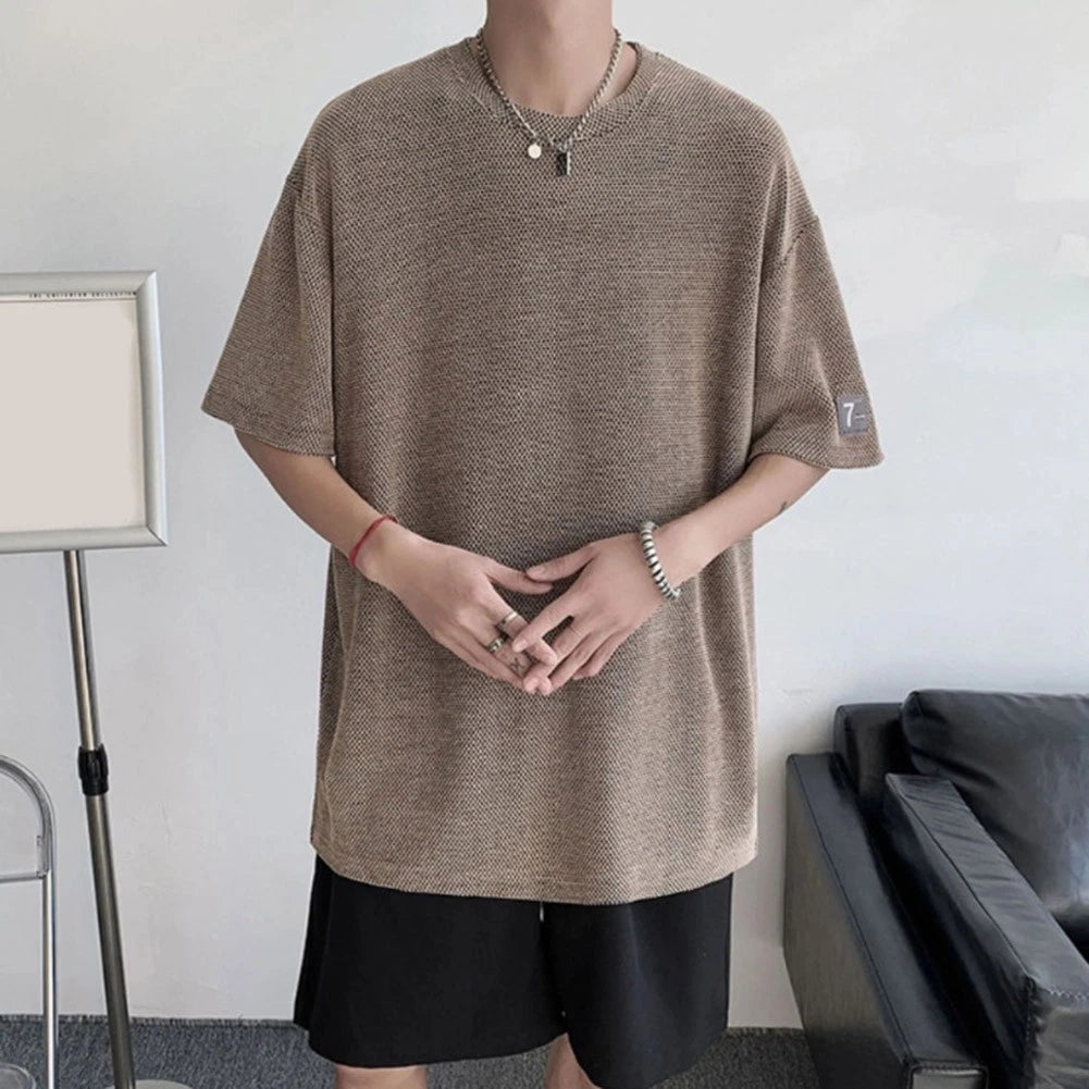 Mens Casual Summer Short Sleeve Hollow Out Loose Fit T Shirt Black Grey