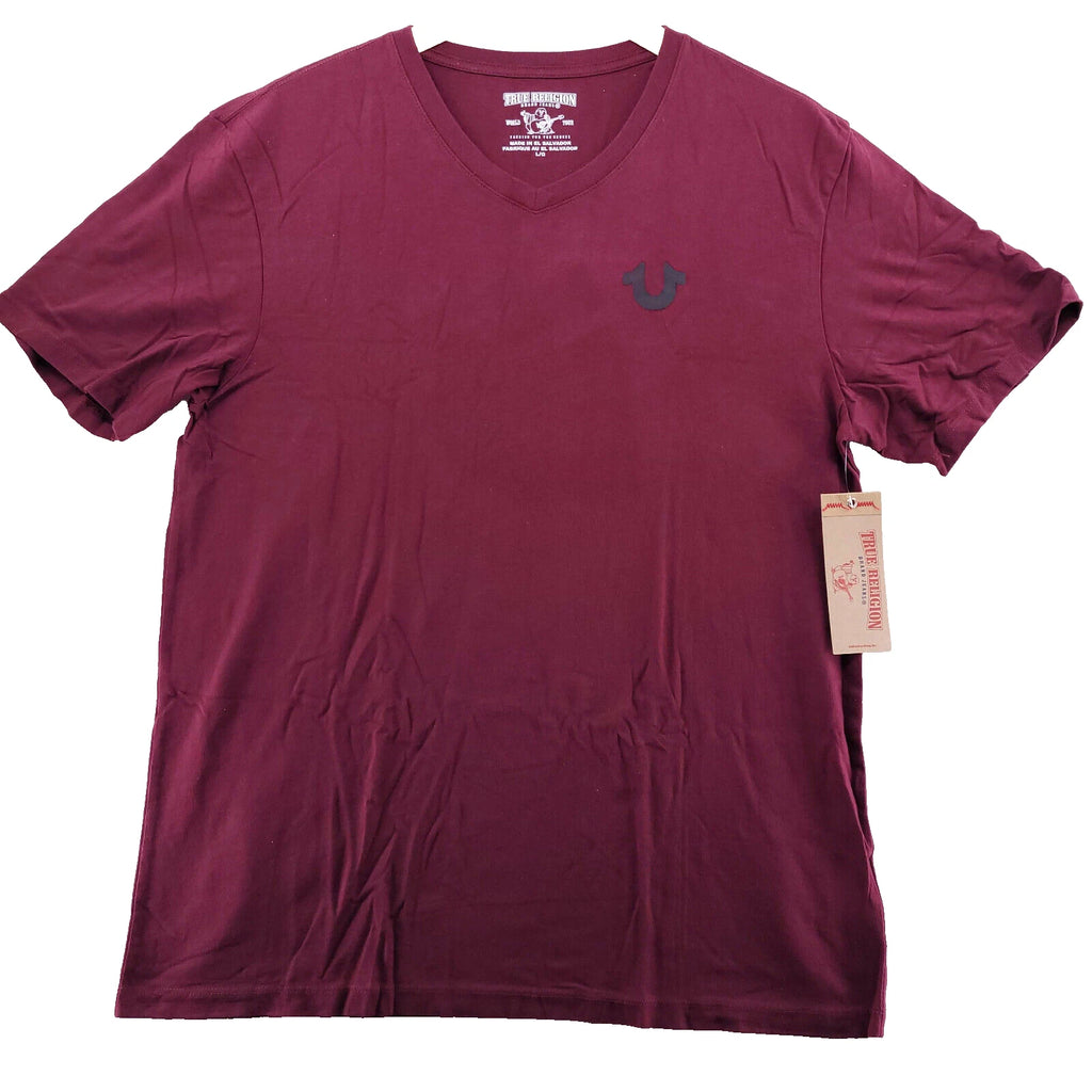 True Religion Men's Size L Burgundy Classic Horseshoe Logo V-Neck T-Shirt
