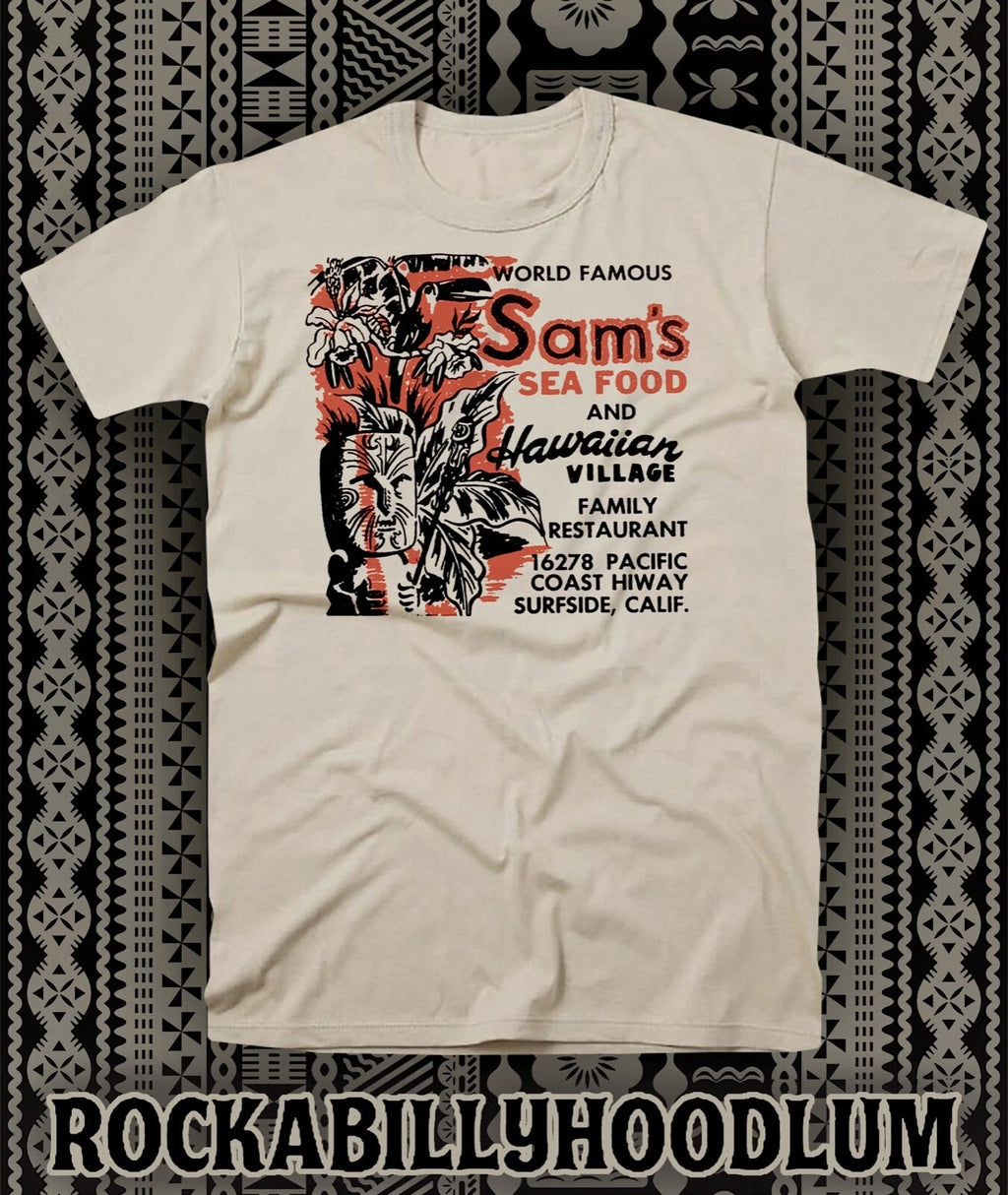 Retro Tiki Art Tee T Shirt Bar Mug Restaurant Sams Seafood Hawaiian Village CA