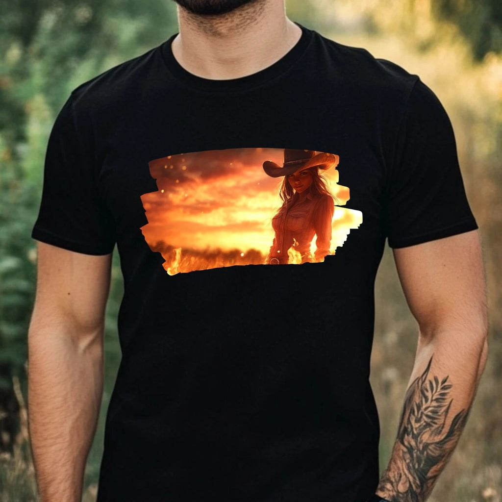 Mens Cowgirl on Fire Motif Cotton T-Shirt Size XS to 5XL