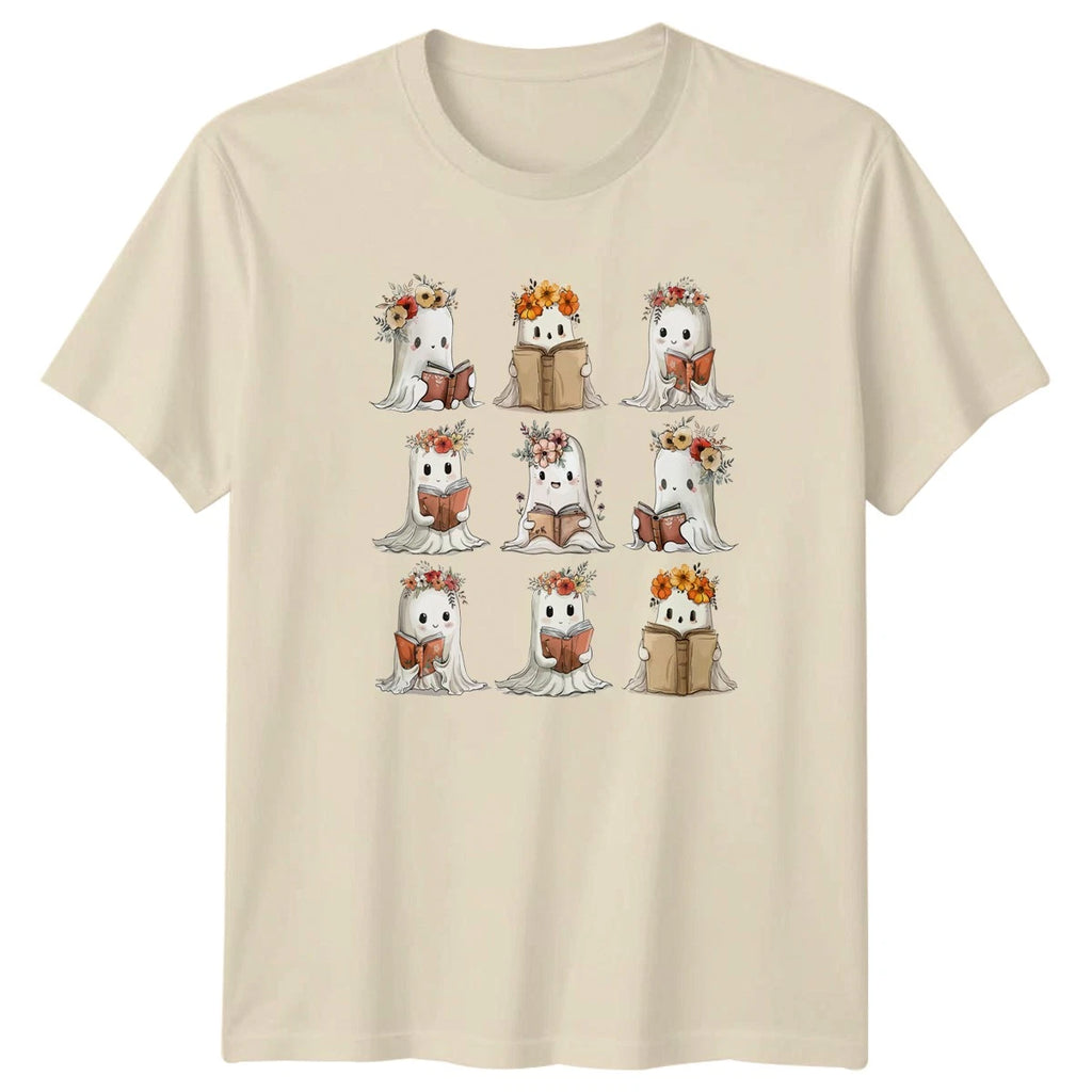 Cute Ghost With Flower Crown Womens T-Shirt Librarian Autumn Halloween