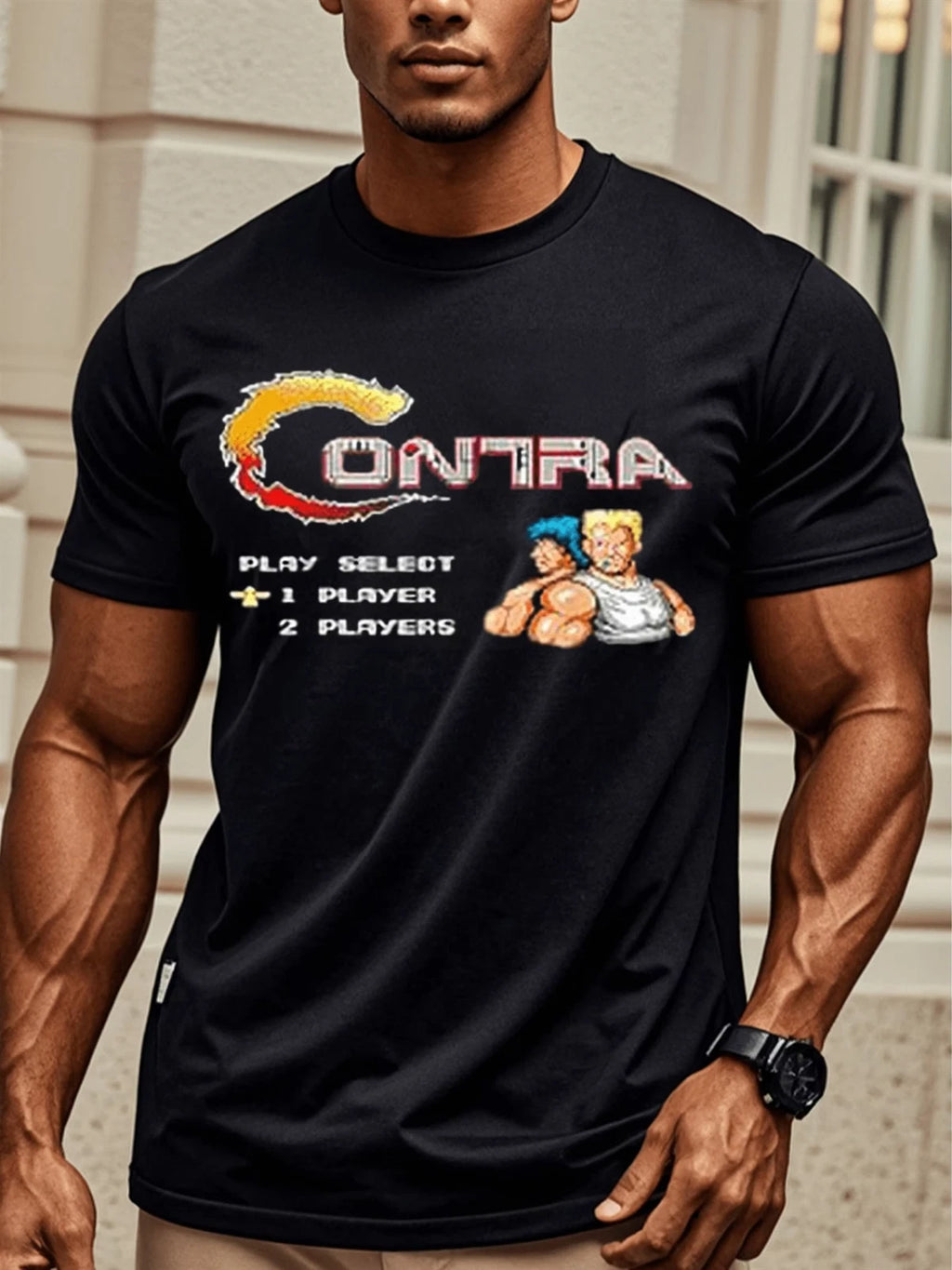 Retro Contra Video Game T-Shirt - Classic 8-Bit Pixel Art Logo, Black Cotton Tee