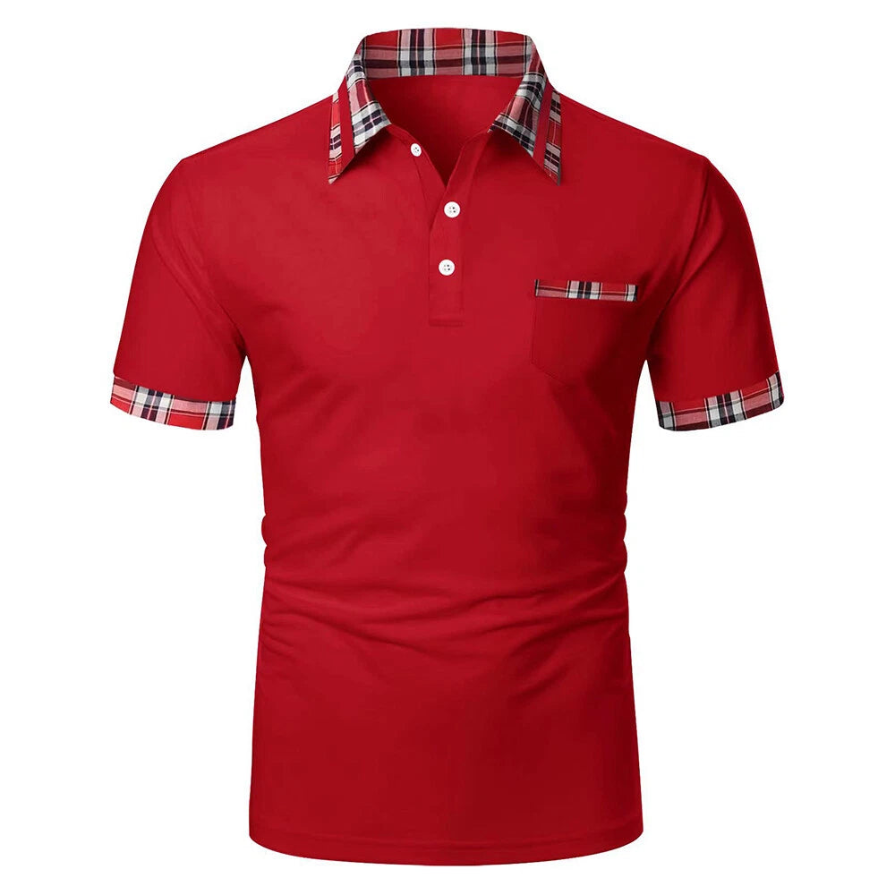 Mens Shirt Plaid Casual Short Sleeve Slim Work Golf Sport Tee Top Solid S-3XL