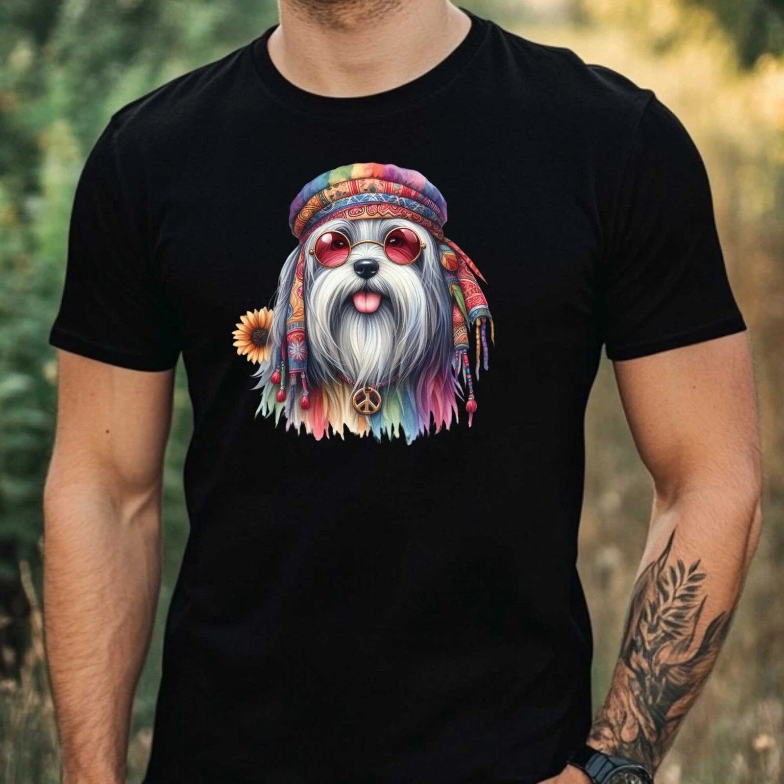 Mens Hippie Dog Print Cotton T-Shirt Size XS to 5XL