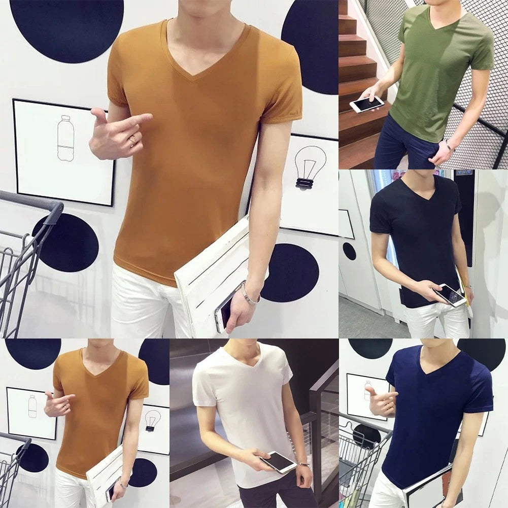 Mens V Neck Tee Daily Wear Pullover Style Regular Length Stretch Fabric