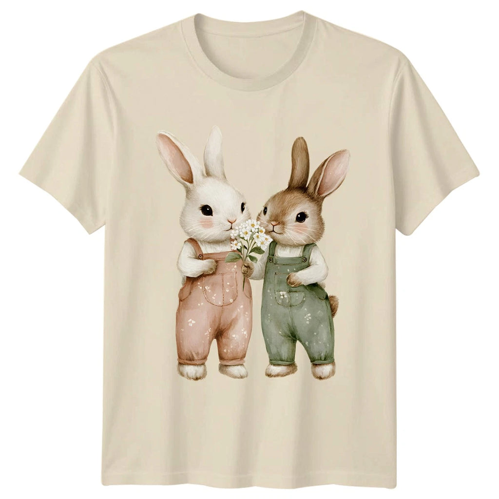 Two Cute Bunny Friends In Pastel T-Shirt Watercolor Rabbits Easter Animals