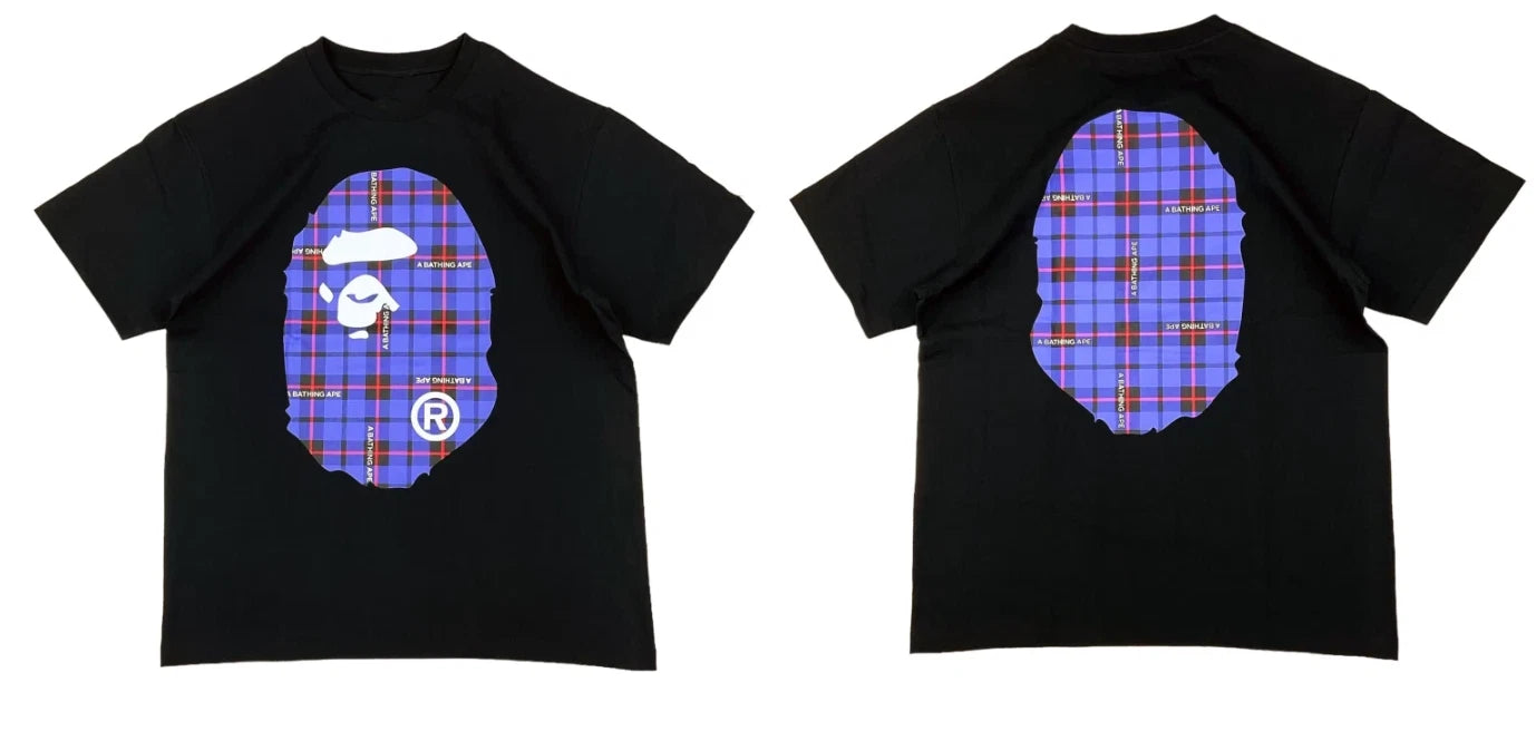 A Bathing Ape Logo Check Big Ape Head Graphic Tee Black Blue  T-S shirt