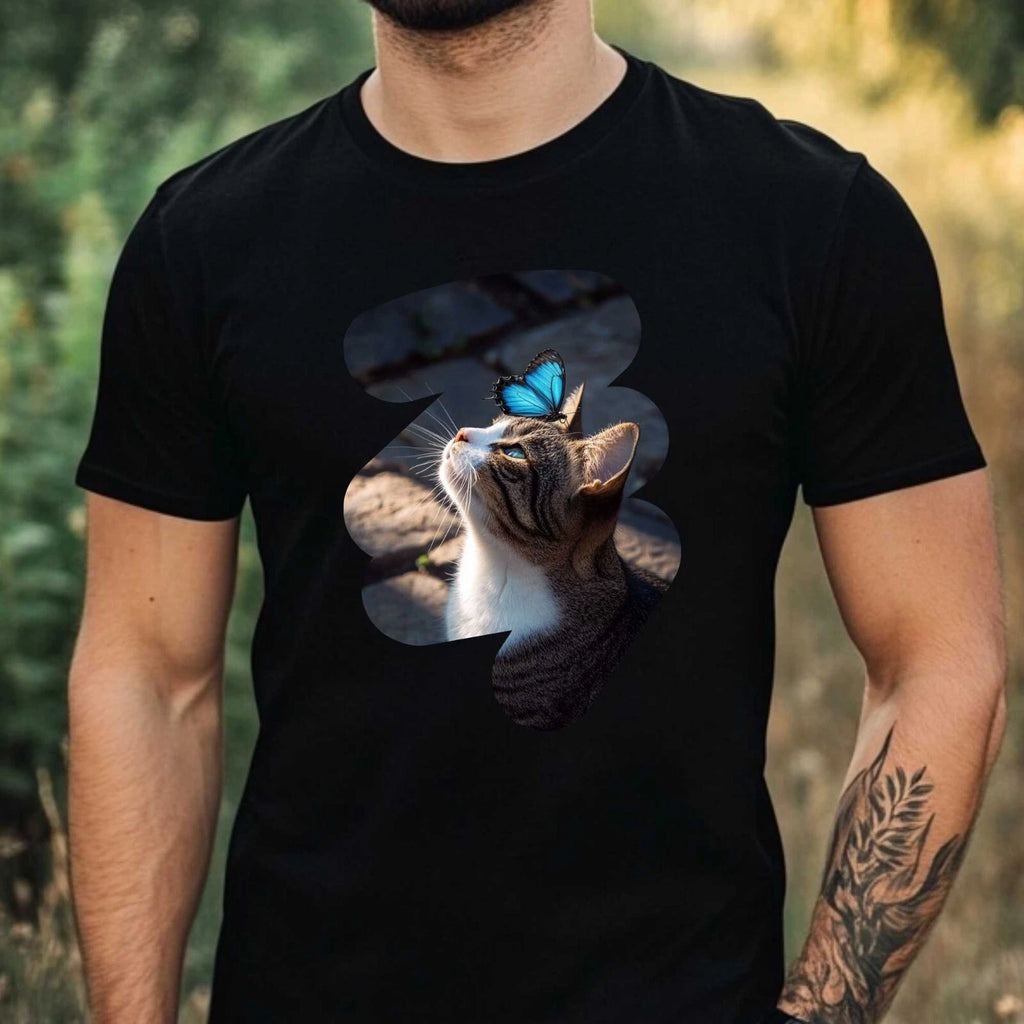 Mens Cat and Butterfly Print Cotton T-Shirt Size XS to 5XL