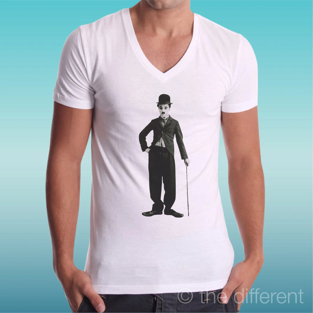 T-shirt Man V Neck " Charlie Chaplin Chalot Cane " Gift Idea Road To Happiness
