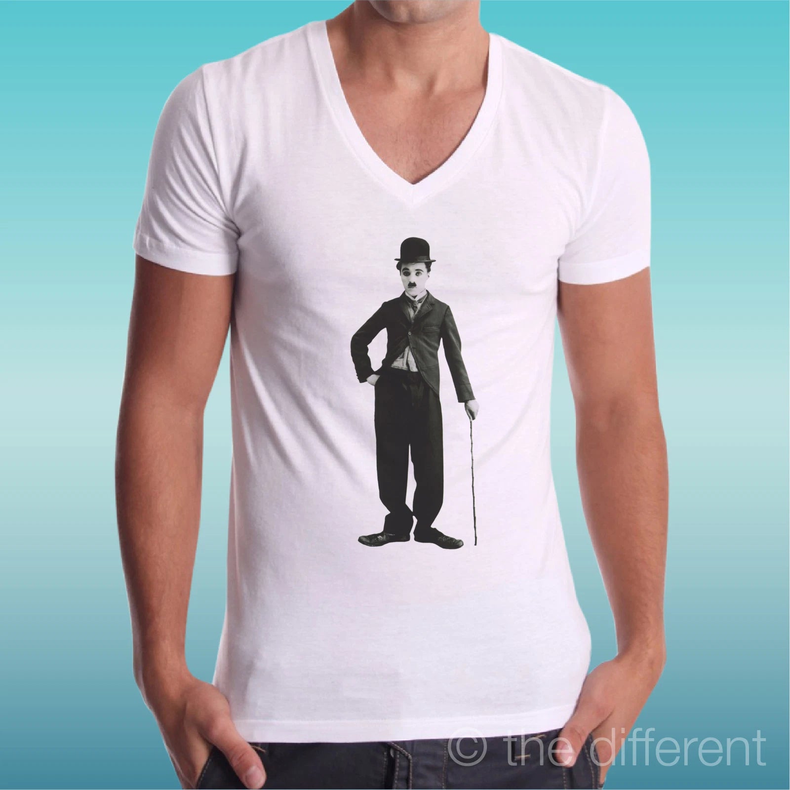 T-shirt Man V Neck " Charlie Chaplin Chalot Cane " Gift Idea Road To Happiness