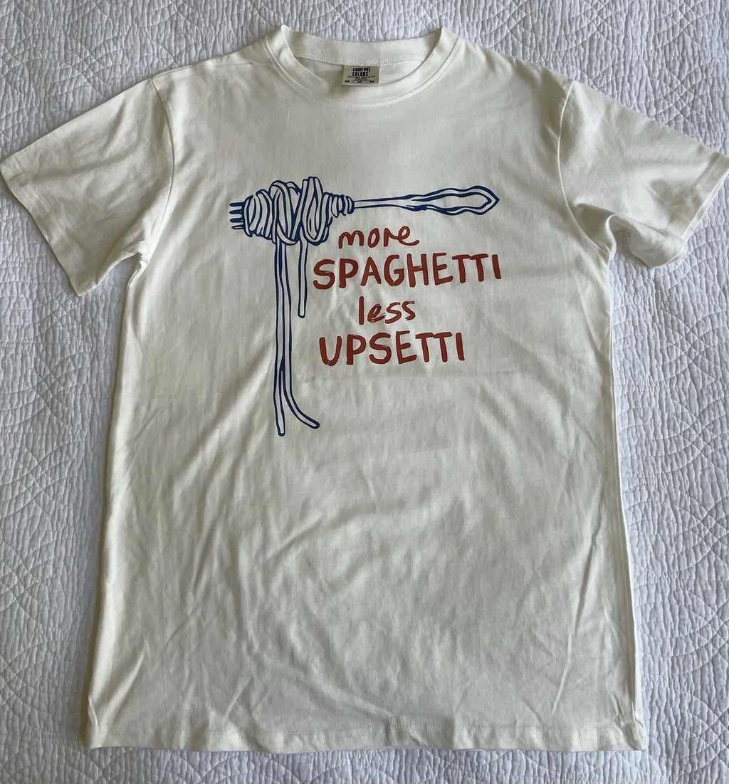 Comfort Colors Sz M Spaghetti Less Upsetti Shirt Pasty Party Runner Swimmer