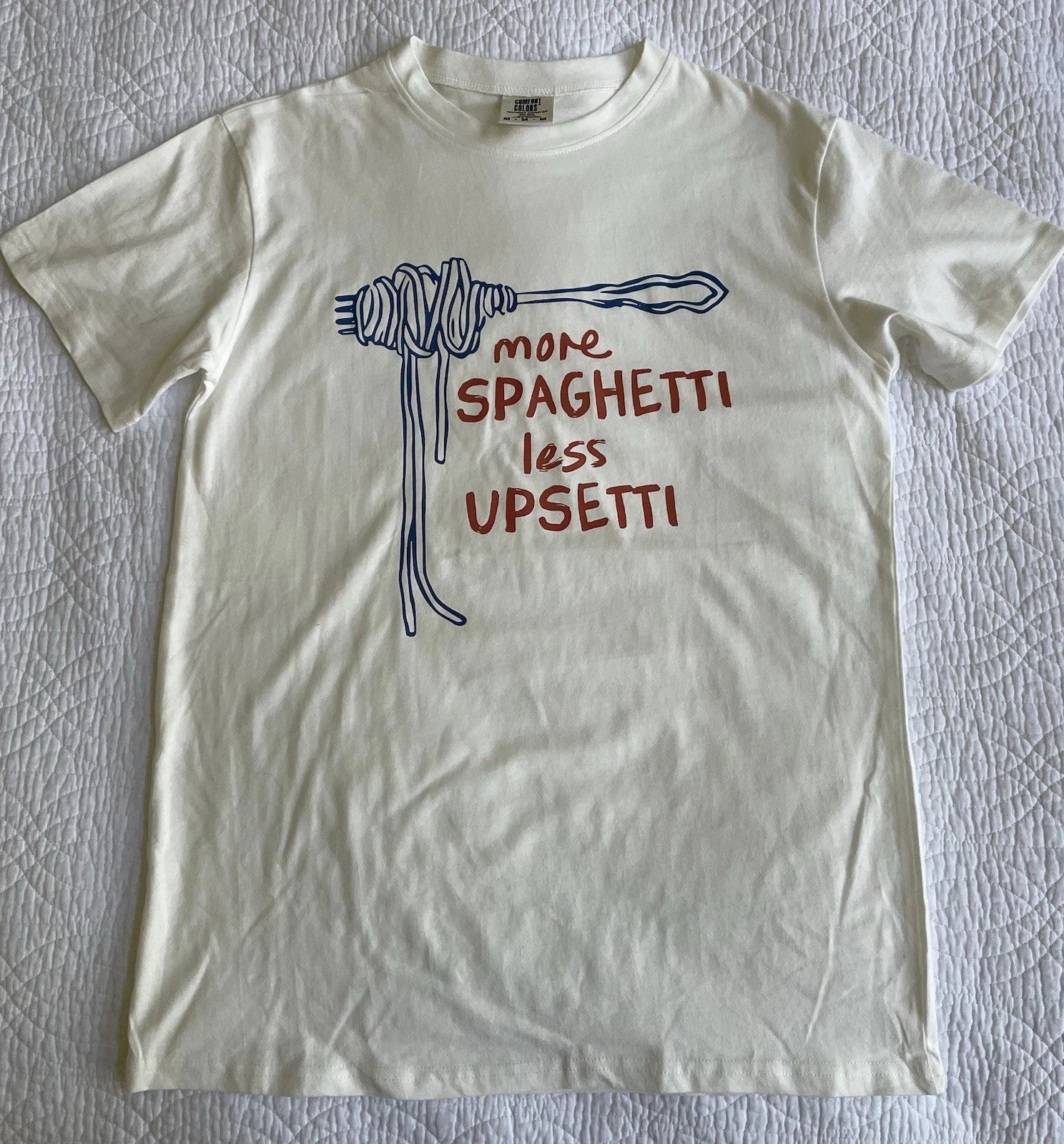 Comfort Colors Sz M Spaghetti Less Upsetti Shirt Pasty Party Runner Swimmer