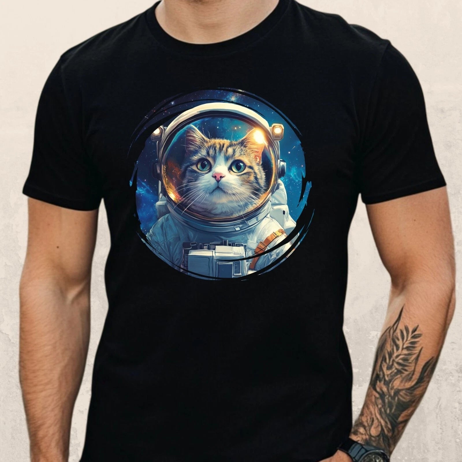 Mens Astronaut Cat Print Cotton T-Shirt Size XS to 5XL