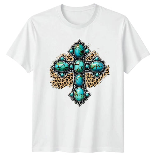 Bohemian Turquoise Cross Leopard Print Womens T-Shirt Cowgirl Boho Western