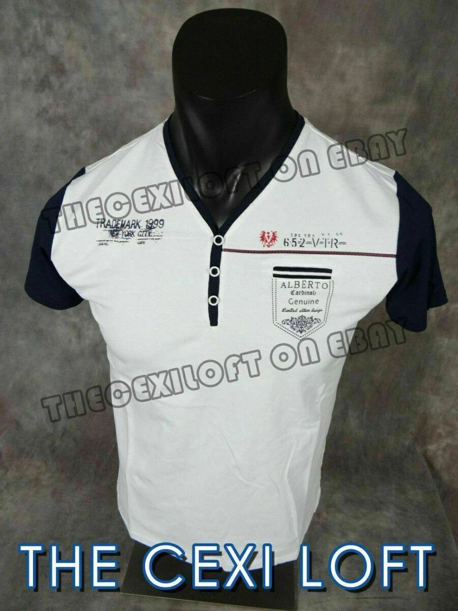 Mens Casual Henley T-Shirt White with Navy Blue Trim CARDINALI by Vertical