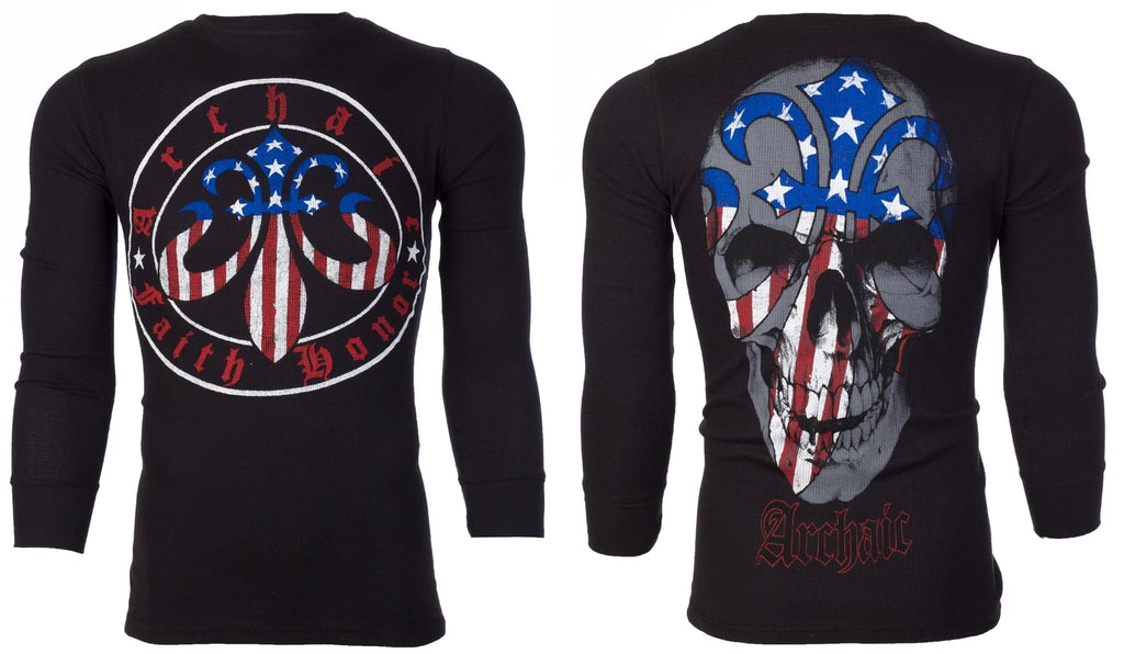 Archaic by Affliction Men's Thermal Shirt BORN PATRIOT Skull Biker Black