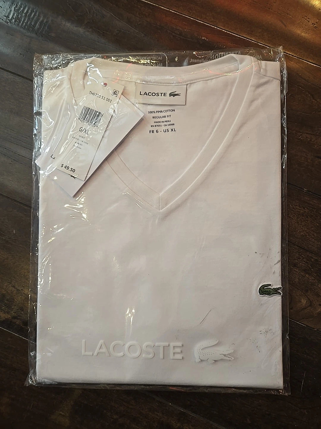 Lacoste Pima Cotton V Neck T Shirts 6/XL White TH6710
