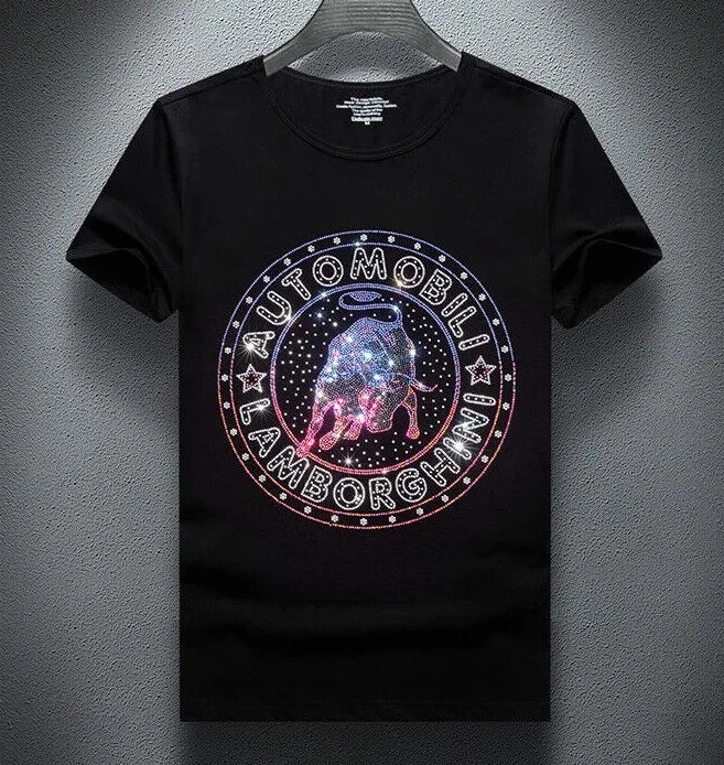 New Men Luxury Rhinestones Bull Fashion Black T-Shirt High Quality