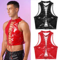 UK Men Crop Top Short Gothic Wetlook Sleeveless Sexy Muscle Fashion Lace Up Top