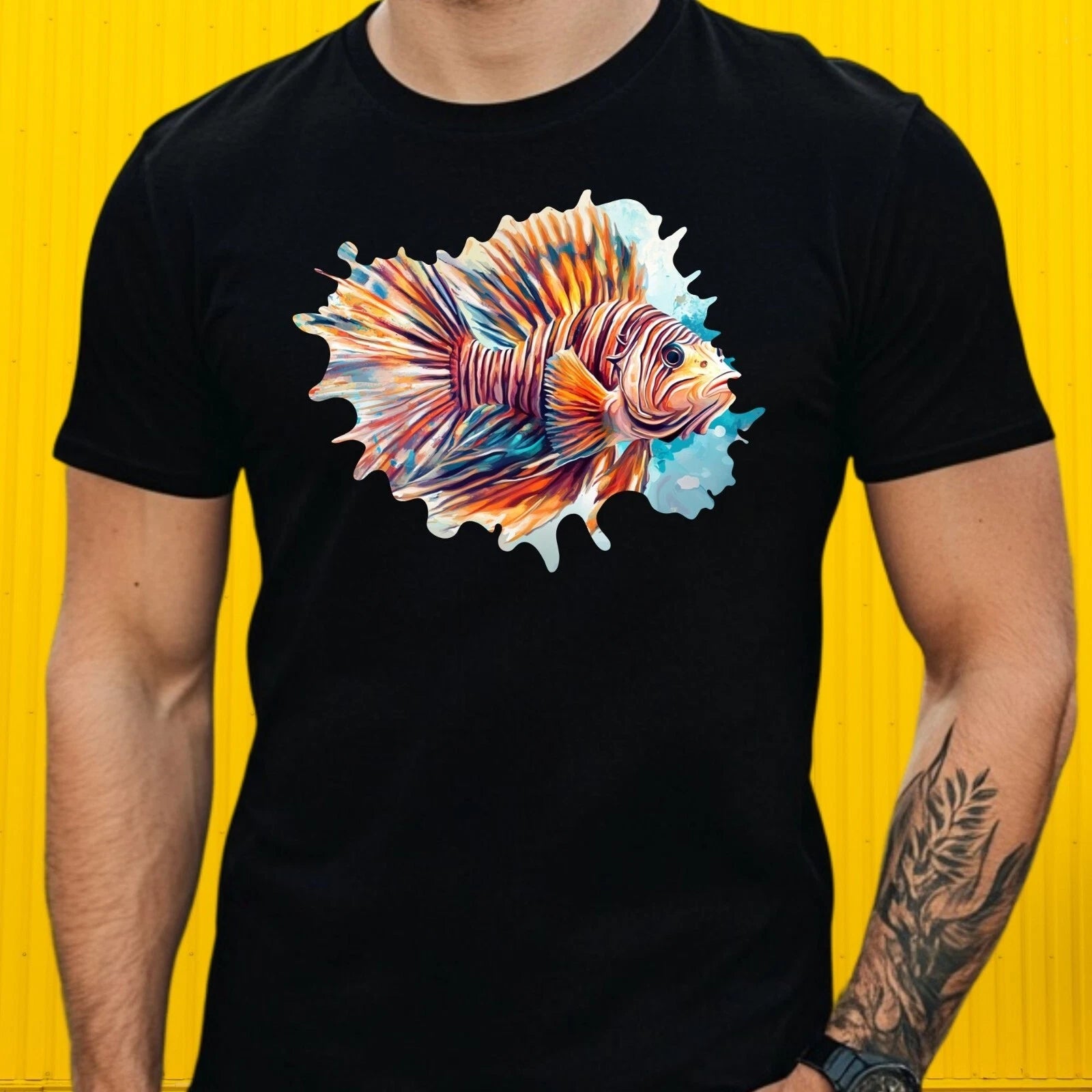 Mens Red Lionfish Motif Cotton T-Shirt Size XS to 5XL
