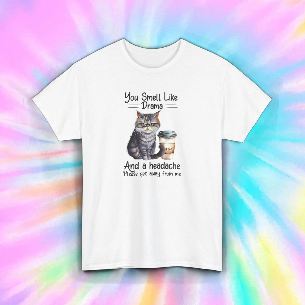 You Smell Like Drama T-Shirt Funny Cat Coffee Sarcastic Humor Graphic Tee S-5XL