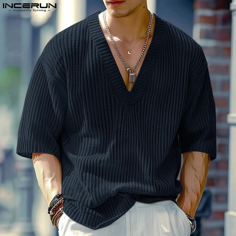 INCERUN Men Ribbed Knit T Shirt V Neck Short Sleeve Solid Color Top