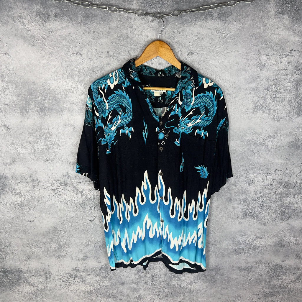 Pierre L’amour Dragon Flame Shirt Black Blue Size L Y2K VTG 90s Style Aloha