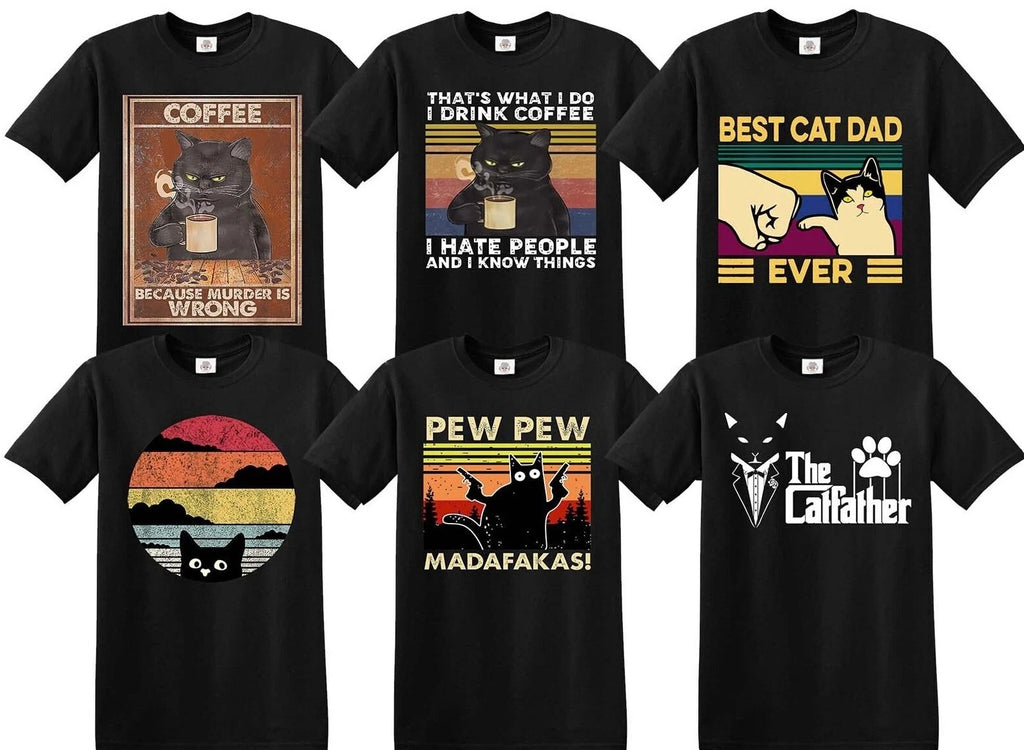 Cat T-Shirt Pew Pew Madafakas Coffee Retro Kitten Best Cat Dad Funny Unisex Tee