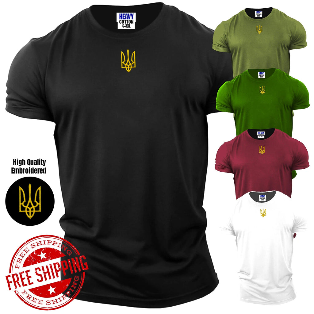Embroidery Ukraine Trident Golden Men's T Shirt Sarcastic Patriotic Novelty Logo