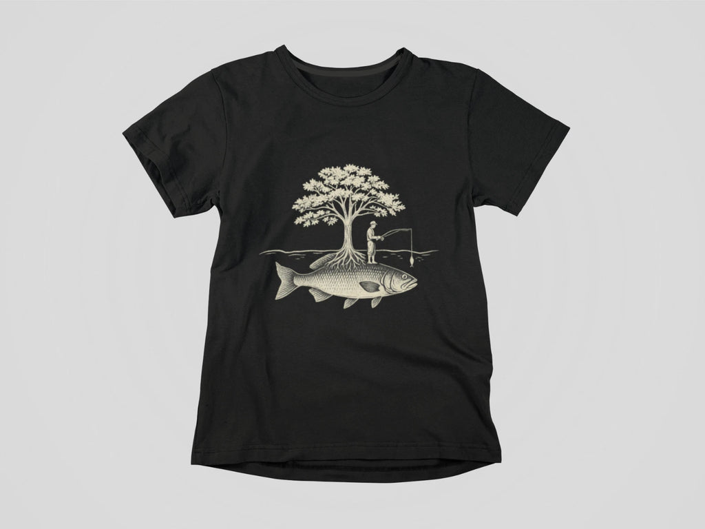 Fisherman Tree Fish Shirt Surreal Nature Graphic Tee Outdoors Fishing Art Design