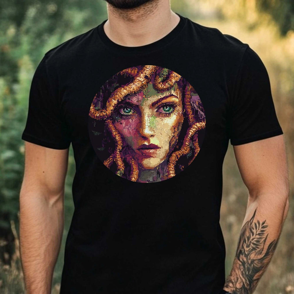 Men's Medusa Pixel Art Motif Cotton T-Shirt Size XS to 5XL