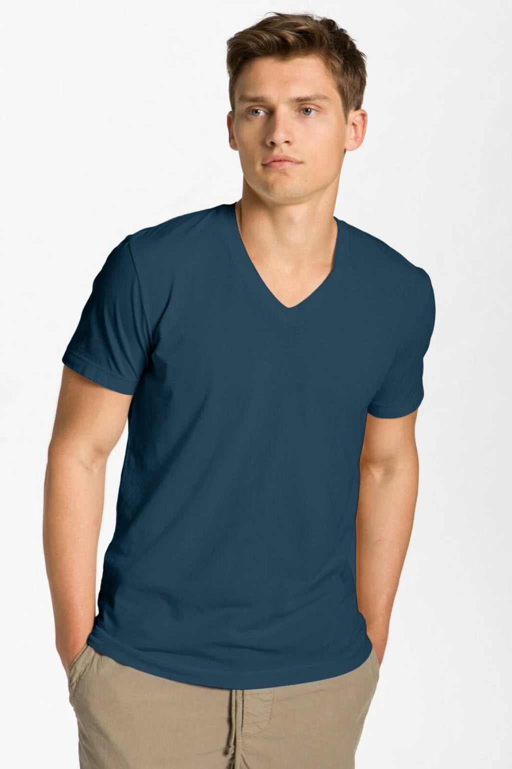 James Perse Mens Relaxed Fit S/S V-Neck Cotton T shirt blue Pigment Wash MLJ3352