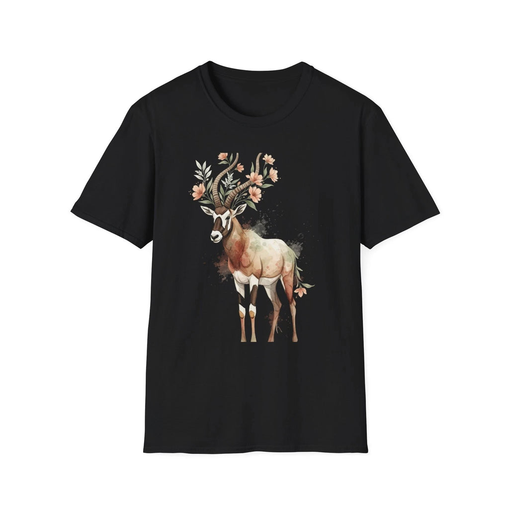 Deer Floral Watercolor Nature Black Tee Boho Aesthetic Graphic T-Shirt