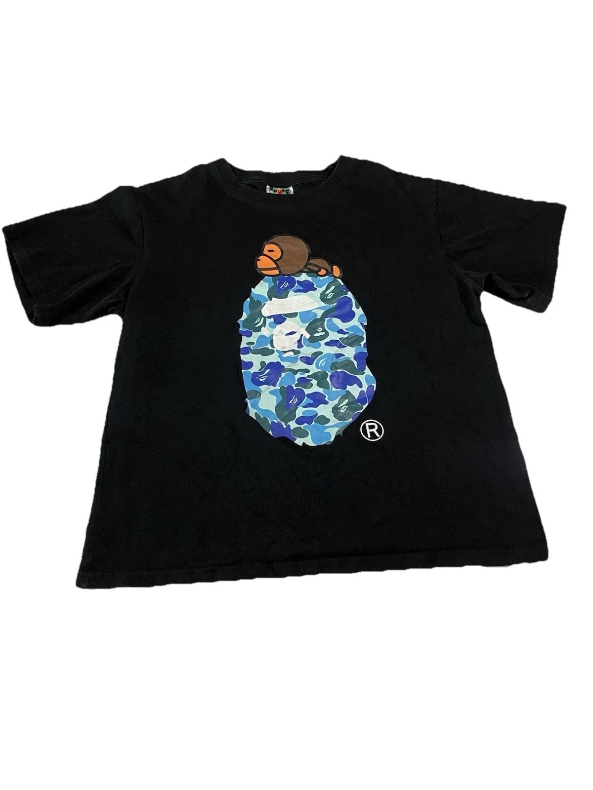 BAPE ABC Camo Milo On Big Ape Head T-Shirt Black Blue | A Bathing Ape Sz Large