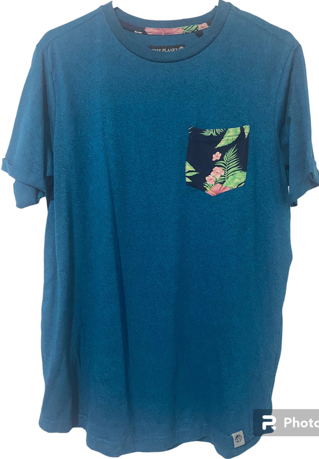 Free Planet Geometric Mens T Shirt Tee Medium Blue Floral Print Short Sleeve