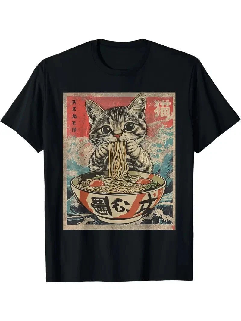 Cat Eating Ramen Noodles Kawaii Anime Japanese Food T-Shirt