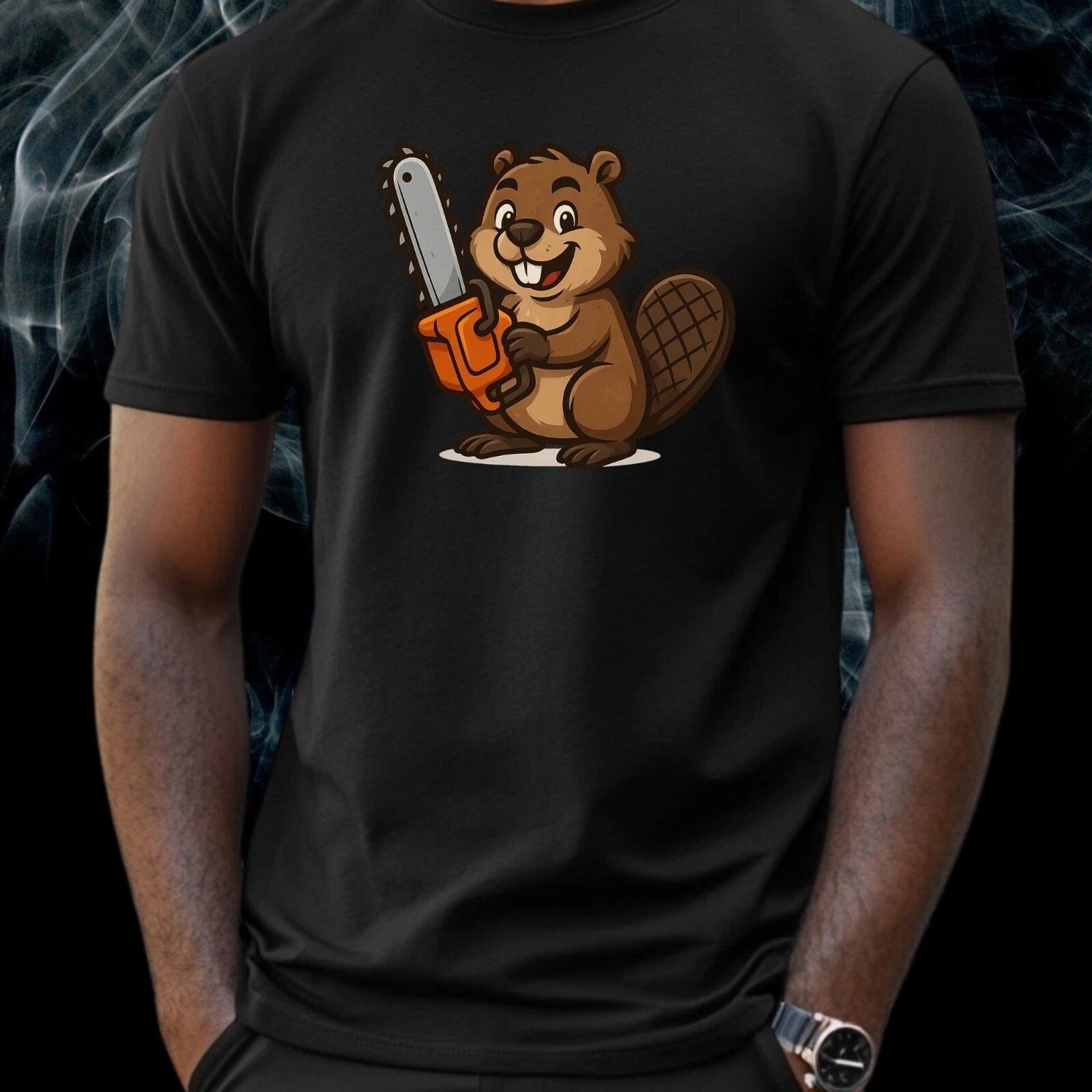 Mens Beaver Chainsaw Print Cotton T-Shirt Size S to 5XL