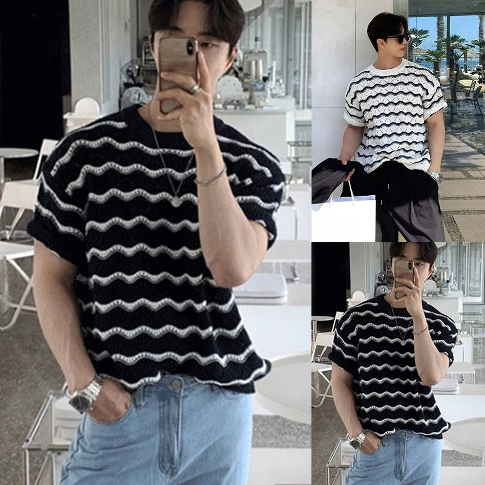 Korean Street Style Men's Short Sleeve Retro Wave Jacquard T Shirt Black White