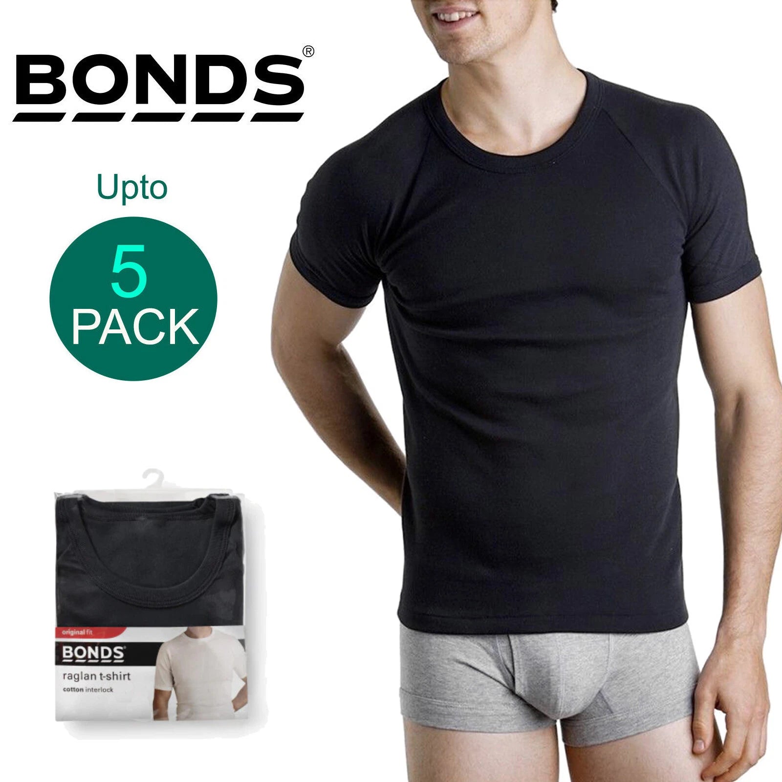 Bonds Multi Pack Crew Neck Raglan Blank Plain Basic Mens Black T‑shirt Tee Top