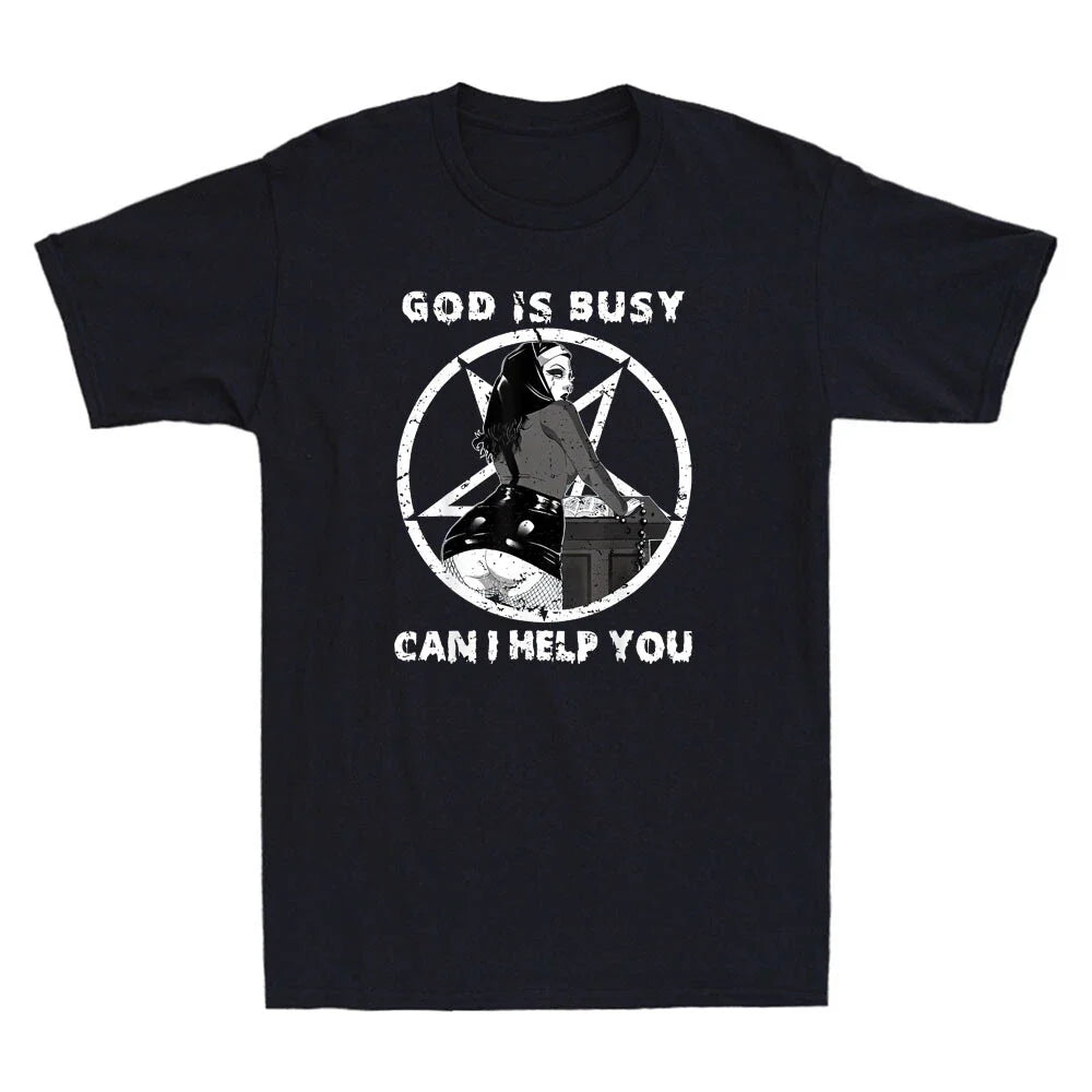 God Is Busy Can I Help You Pentagram Sexy Naughty Nun Meme Retro Unisex T-Shirt