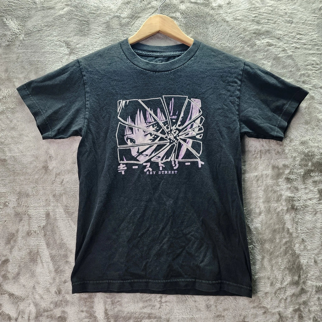 KEY STREET Anime Girl Graphic T-Shirt Size S Black Shattered Glass Design
