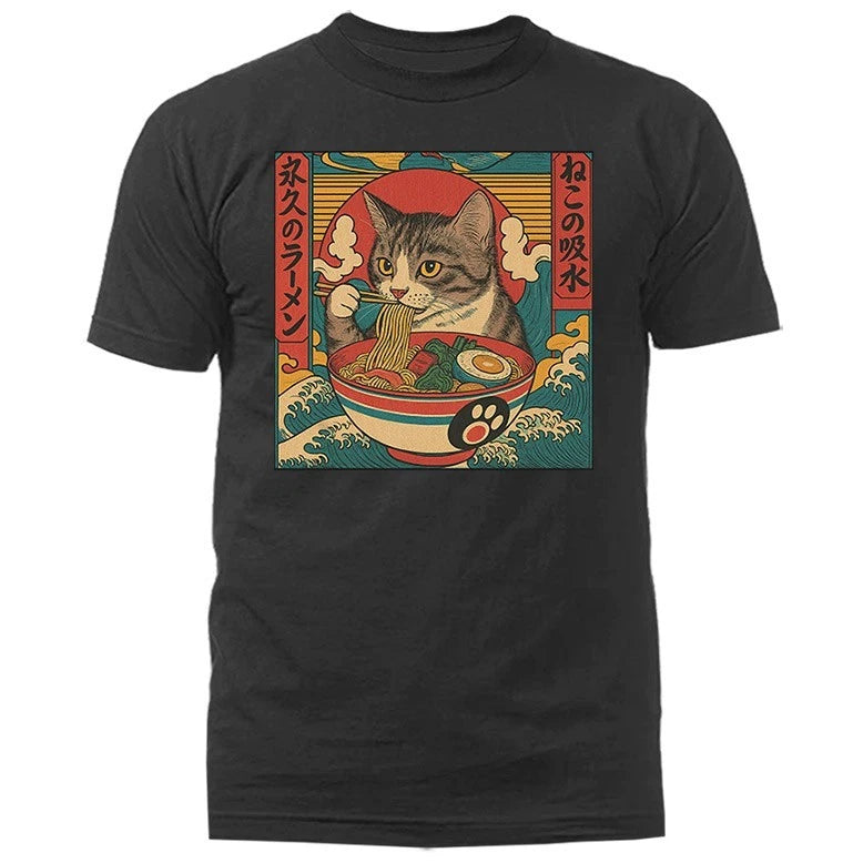 Cat Eating Ramen Noodles Kawaii Anime Manga Japanese Food Humorous T-shirt