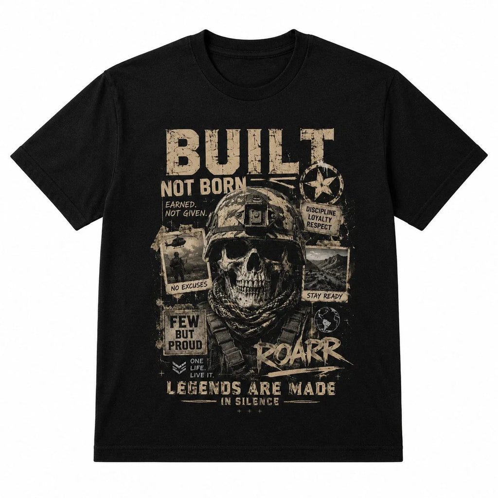 Built Not Born T-Shirt Military Skull Tactical Mens Graphic Tee Black Cotton UK